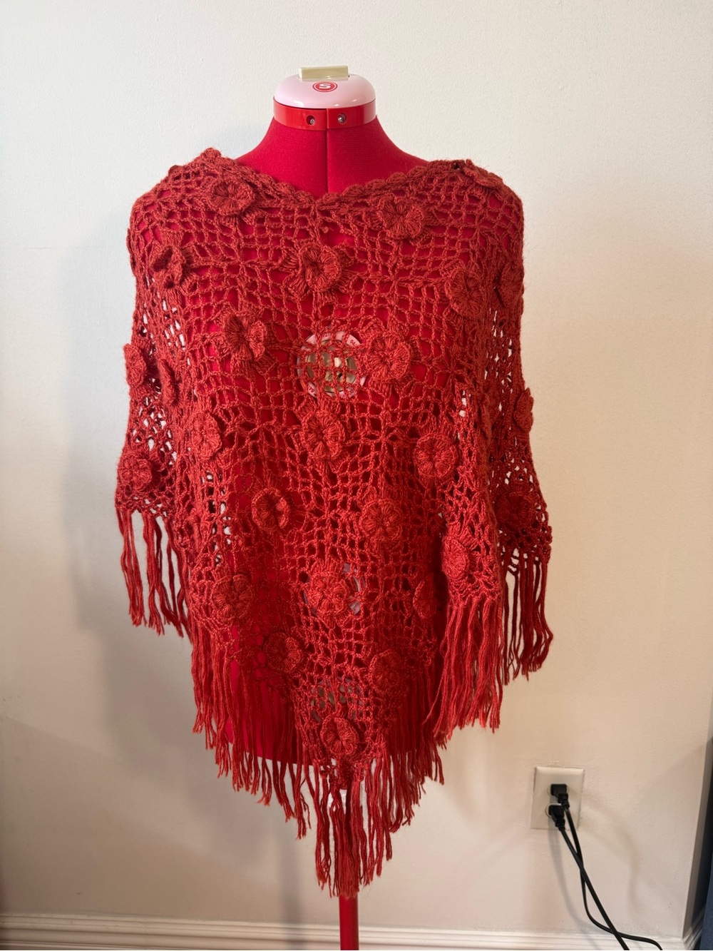 Rust Peruvian Crochet Fringe Women's Sweater Poncho - Handmade